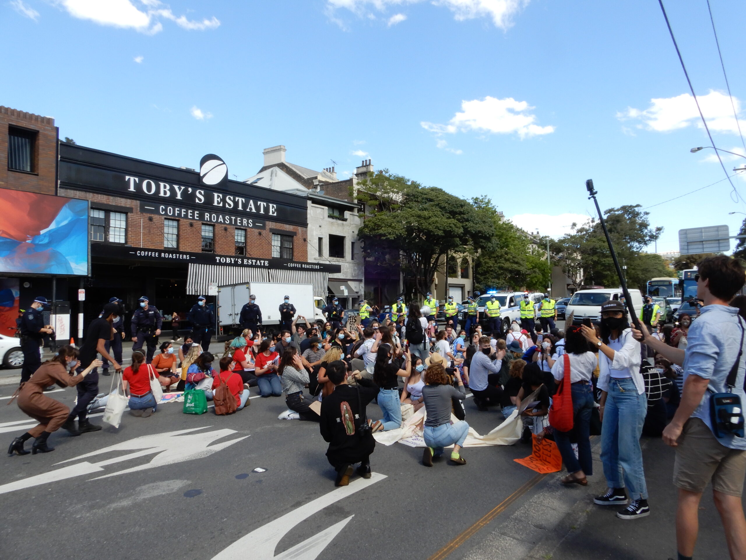 Demonstrators occupy the road as NSW police turn up in droves Demonstrators occupy the road as NSW police turn up in droves
