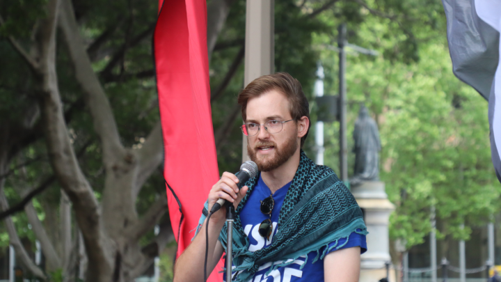 Rising Tide organiser Zack Schofield speaking at a recent Free Palestine rally on Gadigal land in Sydney Rising Tide organiser Zack Schofield speaking at a recent Free Palestine rally on Gadigal land in Sydney